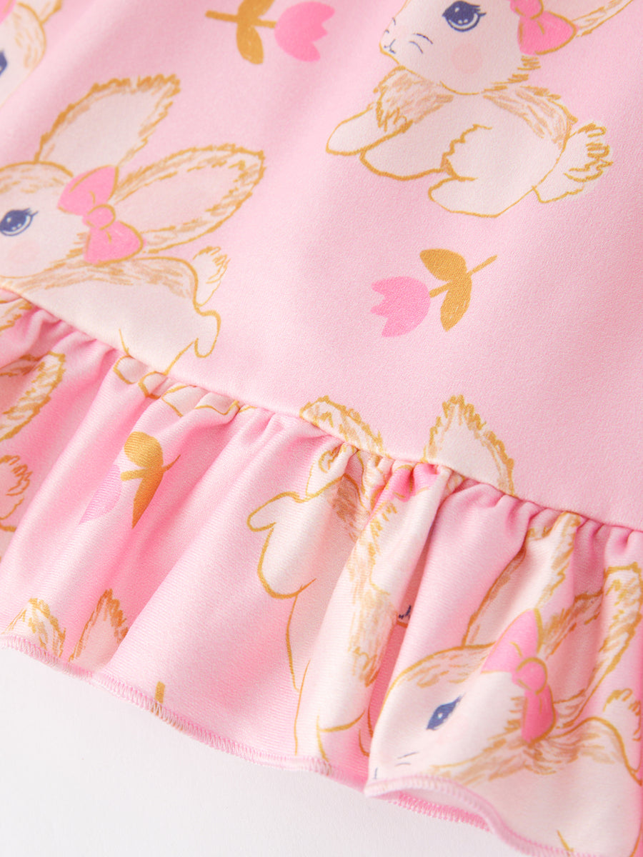 Easter Cute Rabbit Print Ruffle Pink Girls Dress