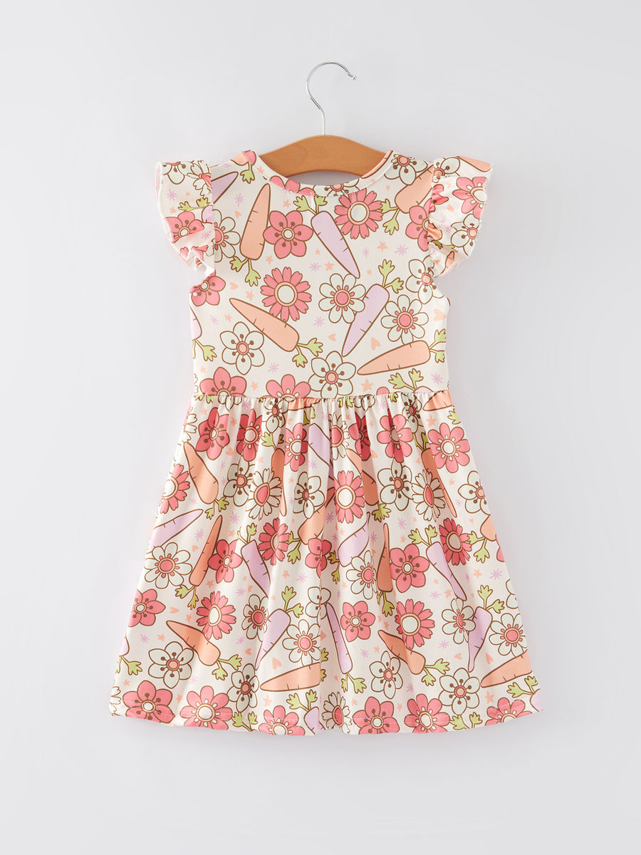 Easter Cute Carrot Flower Print Flying Sleeve Girls Dress