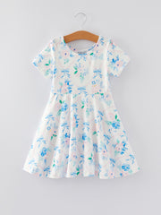 Blue Bow Floral Print Milk Silk Girls Dress