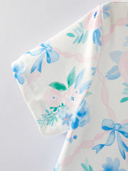 Blue Bow Floral Print Milk Silk Girls Dress