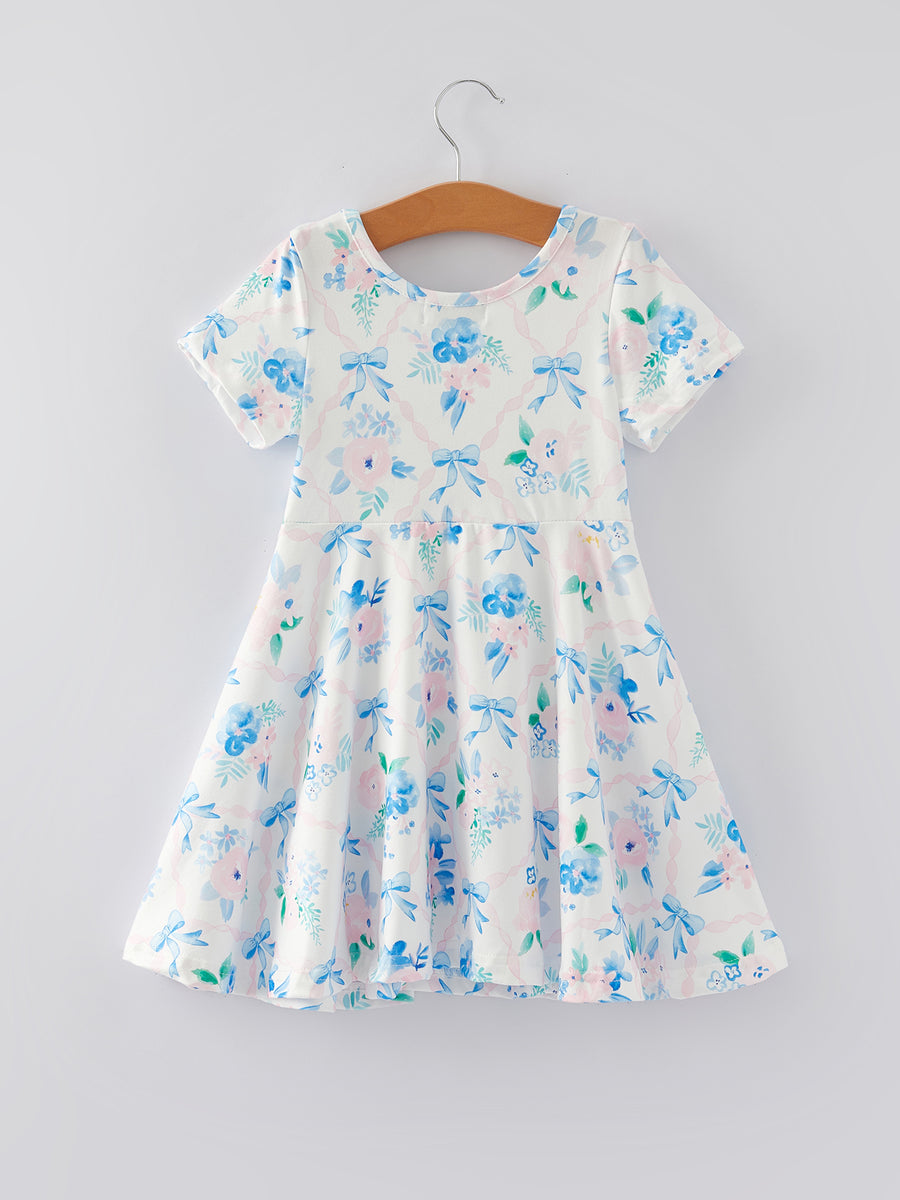 Blue Bow Floral Print Milk Silk Girls Dress