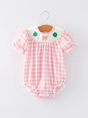 St. Patrick's Day Smocking Shamrock Embroidered Pink Plaid Baby Girls Romper