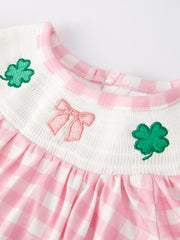 St. Patrick's Day Smocking Shamrock Embroidered Pink Plaid Baby Girls Romper