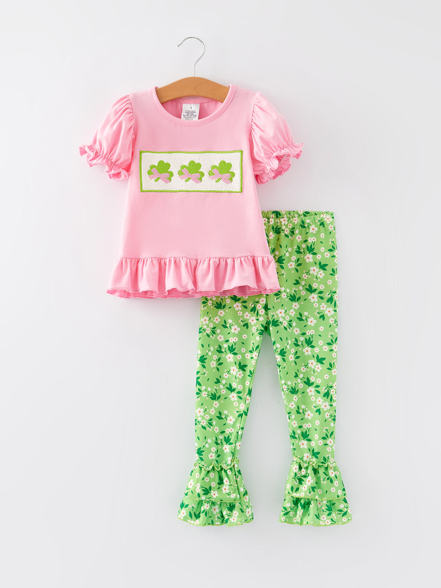 St. Patrick's Day Shamrock Smocking Embroidered Pink Top+Pants Outfit Set