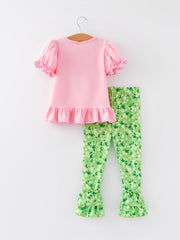 St. Patrick's Day Shamrock Smocking Embroidered Pink Top+Pants Outfit Set