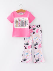 Valentine's Day TS 1989 Print Pink Short Sleeve Top +Pants Set