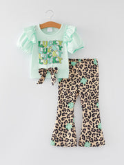 St. Patrick's Day Shamrock Leopard Letter Print Girls Outfit Set