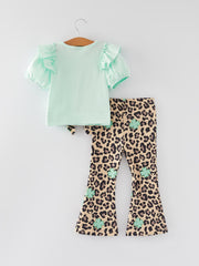 St. Patrick's Day Shamrock Leopard Letter Print Girls Outfit Set