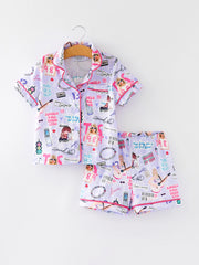 Purple TS Lapel Button Short Sleeve Shorts Pajama Set