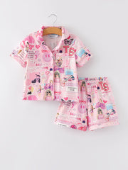 Pink TS Lapel Button Short Sleeve Shorts Pajama Set