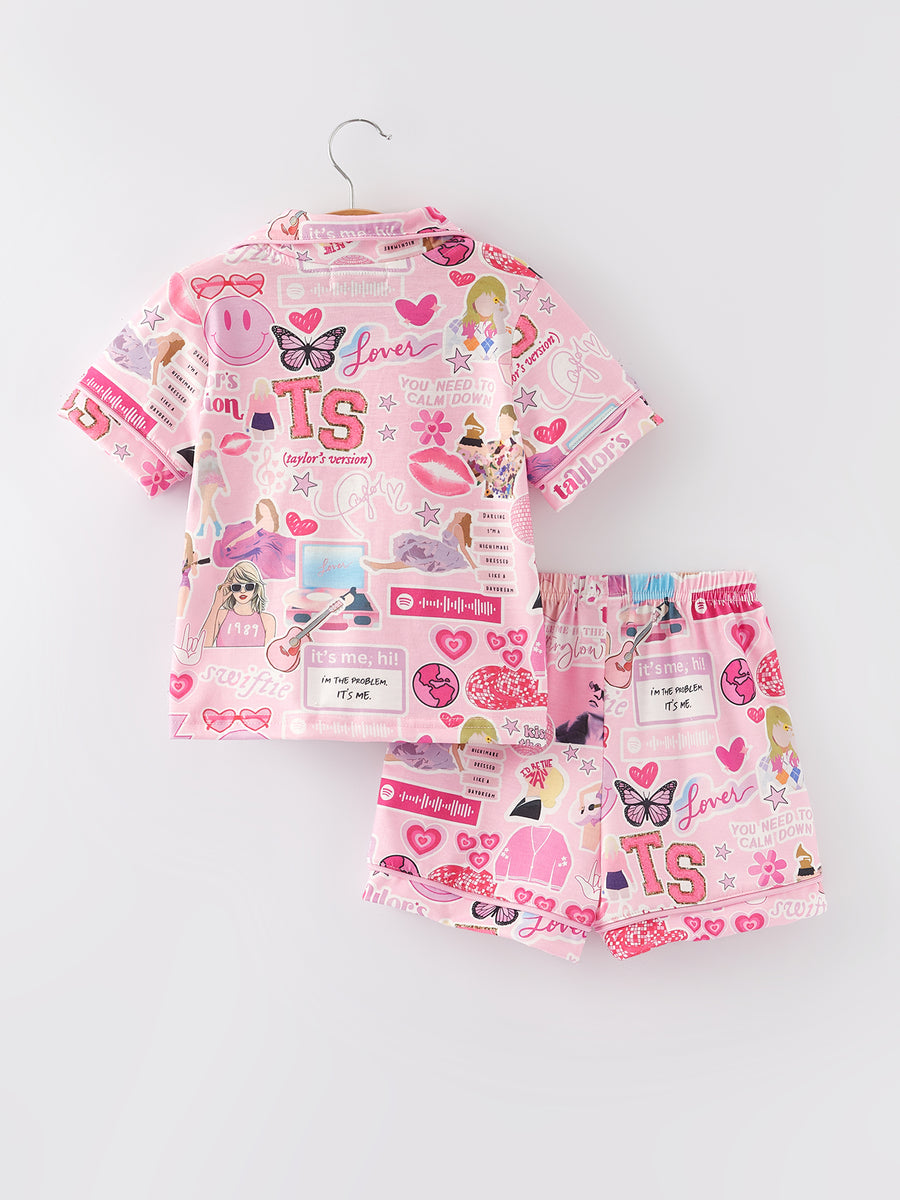 Pink TS Lapel Button Short Sleeve Shorts Pajama Set