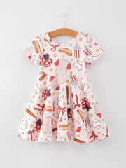 Baseball Drink Hot Dog Print Milk Silk Girls Dress