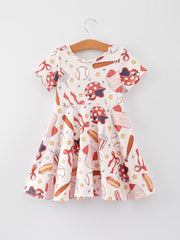 Baseball Drink Hot Dog Print Milk Silk Girls Dress