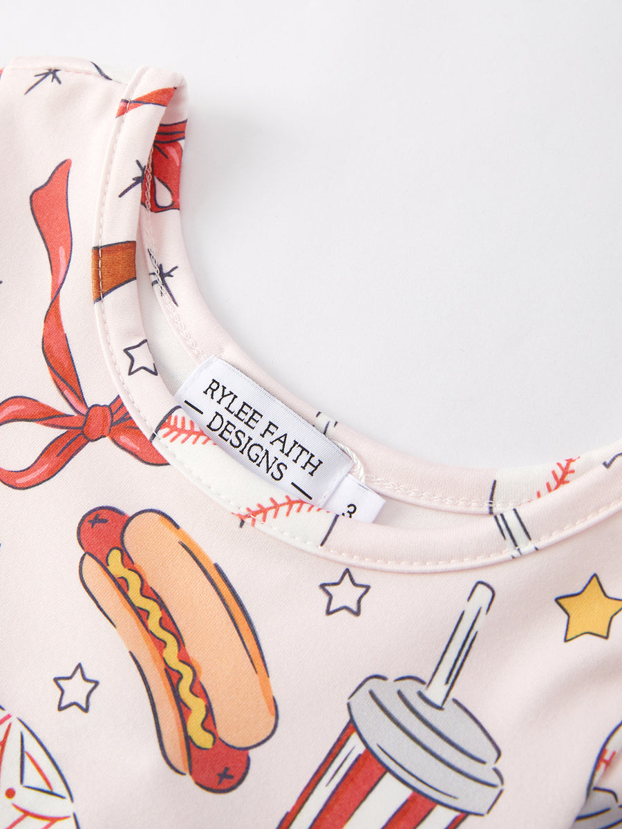 Baseball Drink Hot Dog Print Milk Silk Girls Dress