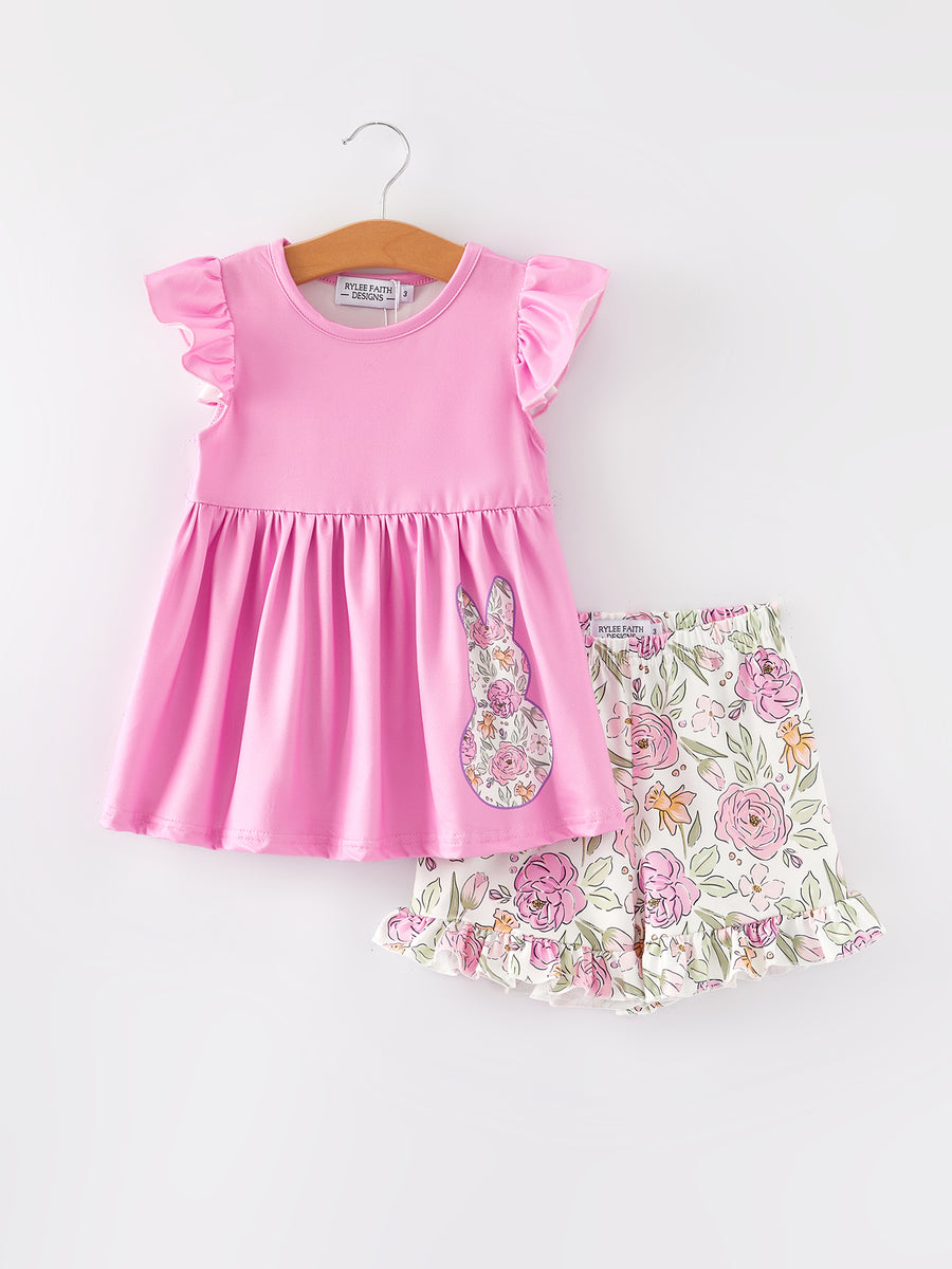 Easter Print Short Sleeve Shorts Ruffle Set