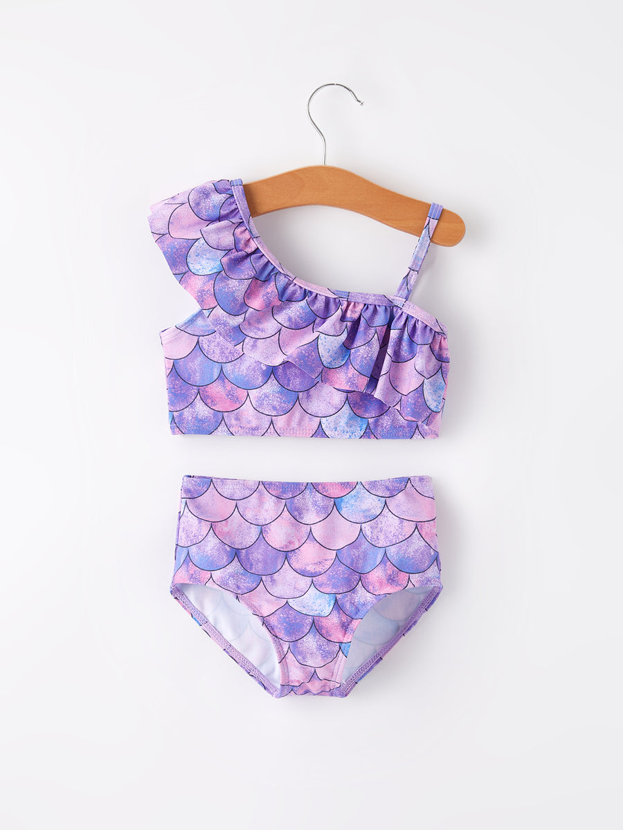 Purple Fish Scale Print Girls Boutique Swimsuit