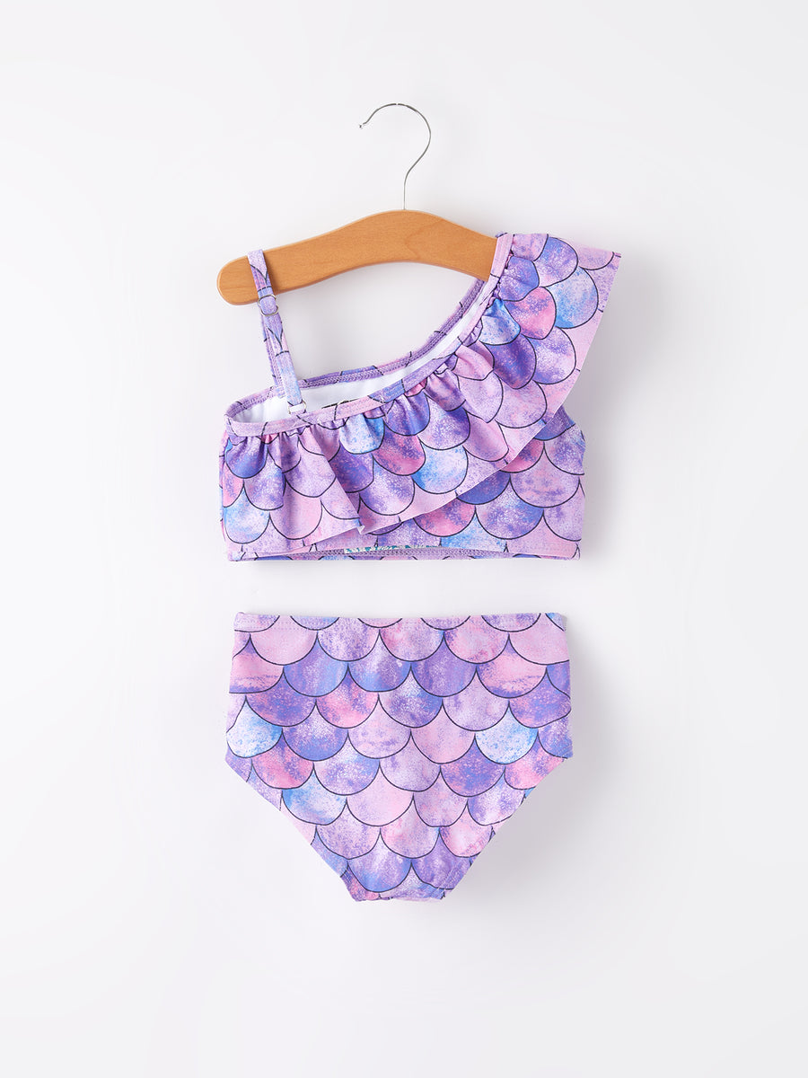 Purple Fish Scale Print Girls Boutique Swimsuit