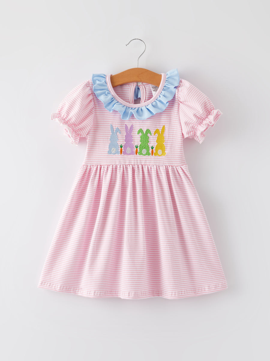 Easter Bunny Embroidery Girls Pink Striped Dress