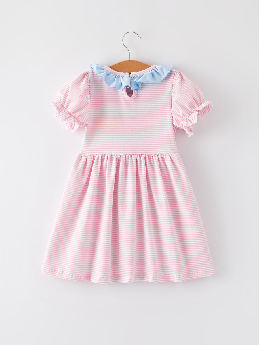 Easter Bunny Embroidery Girls Pink Striped Dress