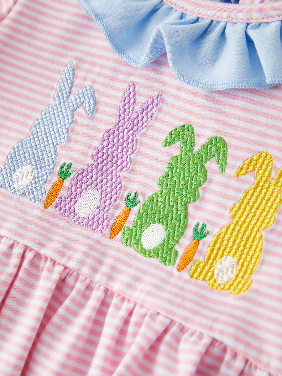 Easter Bunny Embroidery Girls Pink Striped Dress