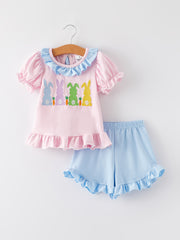 Easter Bunny Embroidery Girls Pink Stripe Outfit