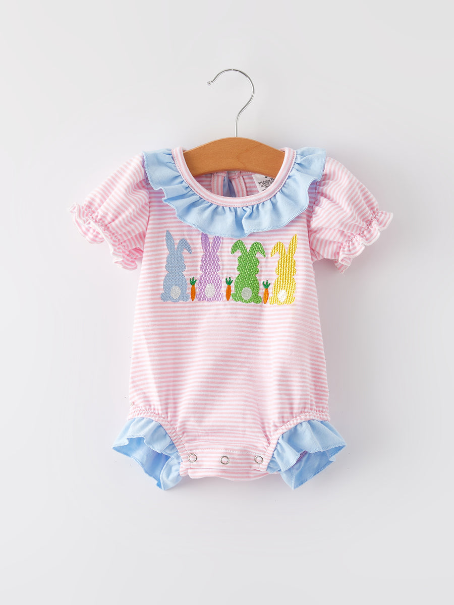 Easter Bunny Embroidery Girls Pink Stripe Bow Romper