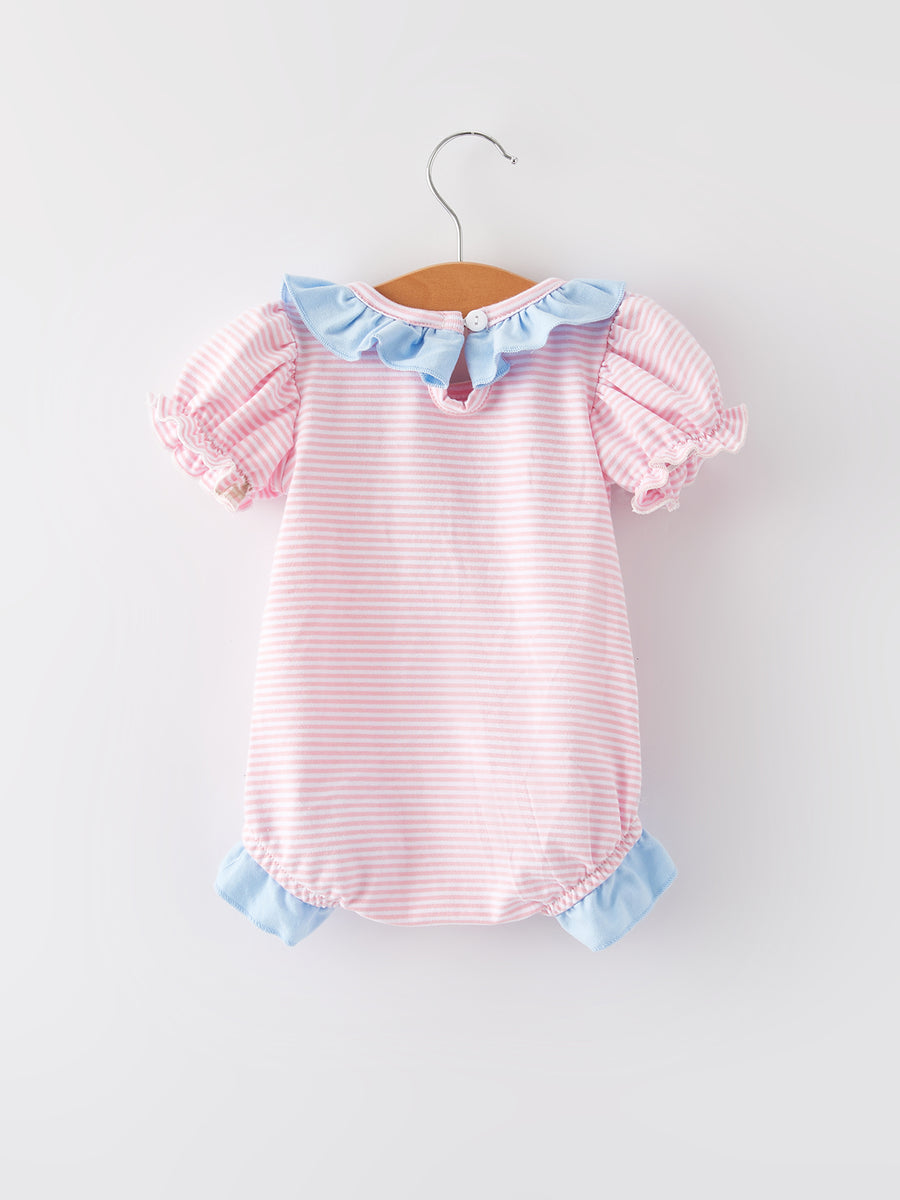 Easter Bunny Embroidery Girls Pink Stripe Bow Romper