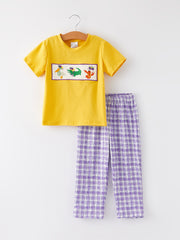 Purple Plaid Animal Smock Embroidery Boys'set