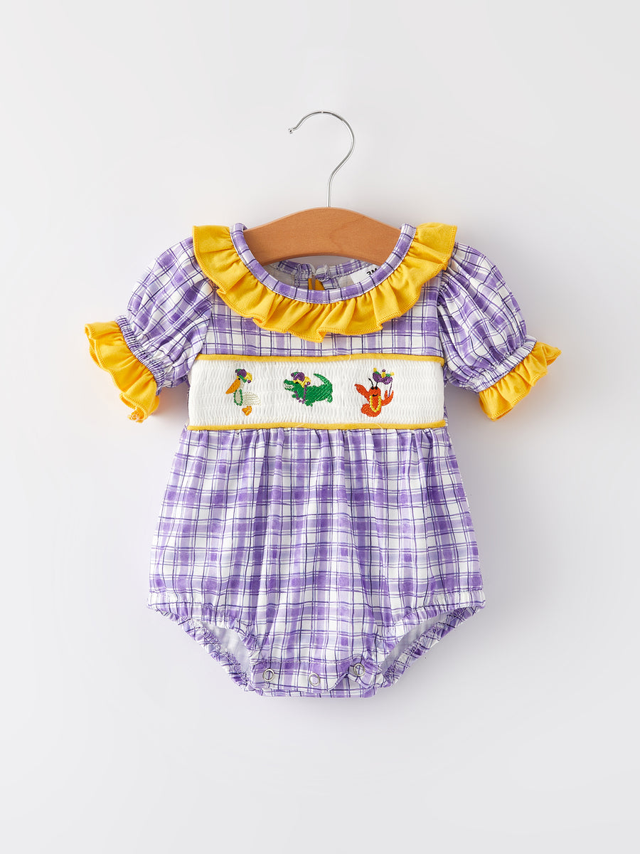 Purple Plaid Animal Smock Embroidery Girls' Romper