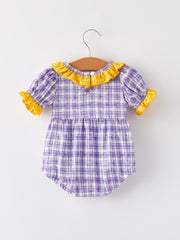 Purple Plaid Animal Smock Embroidery Girls' Romper