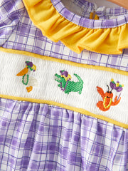 Purple Plaid Animal Smock Embroidery Girls' Romper