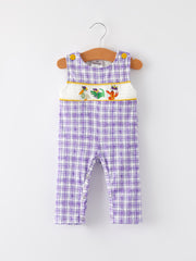 Purple Plaid Animal Smock Embroidery Boys' Romper