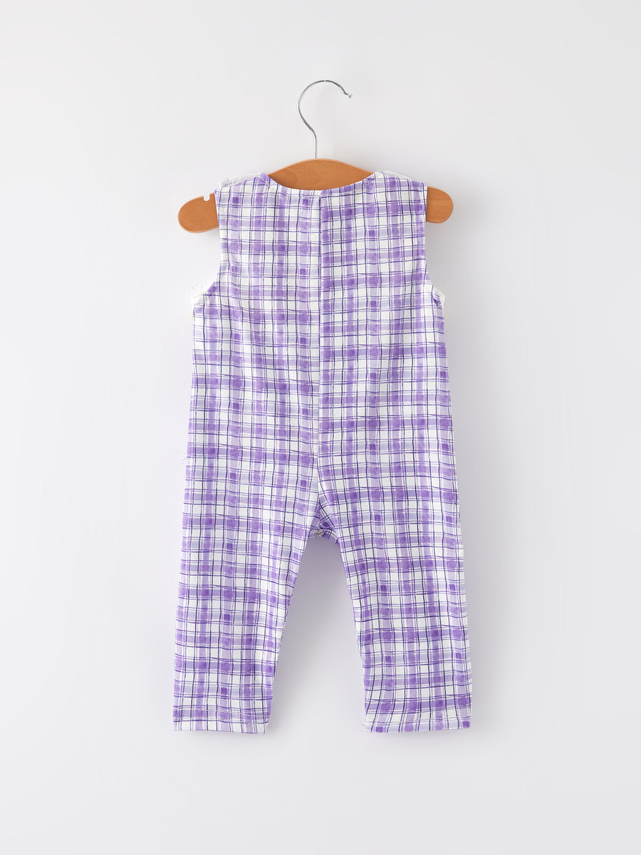 Purple Plaid Animal Smock Embroidery Boys' Romper