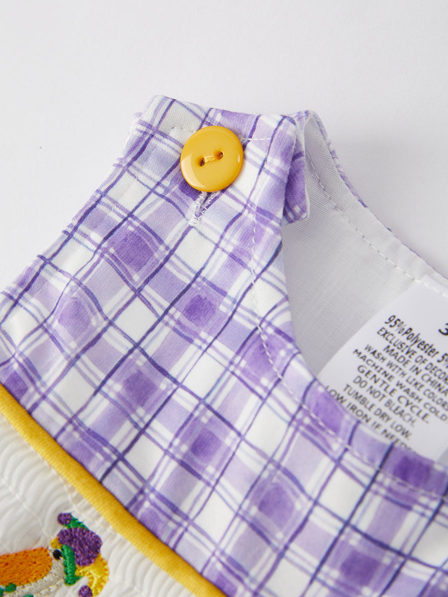 Purple Plaid Animal Smock Embroidery Boys' Romper