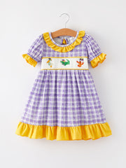 Purple Plaid Animal Smock Embroidery Girls Dress