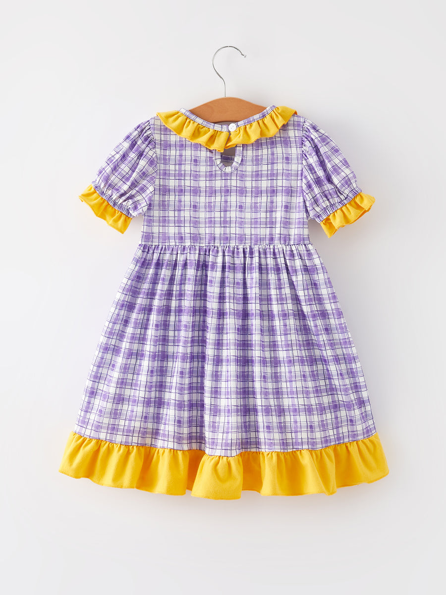 Purple Plaid Animal Smock Embroidery Girls Dress