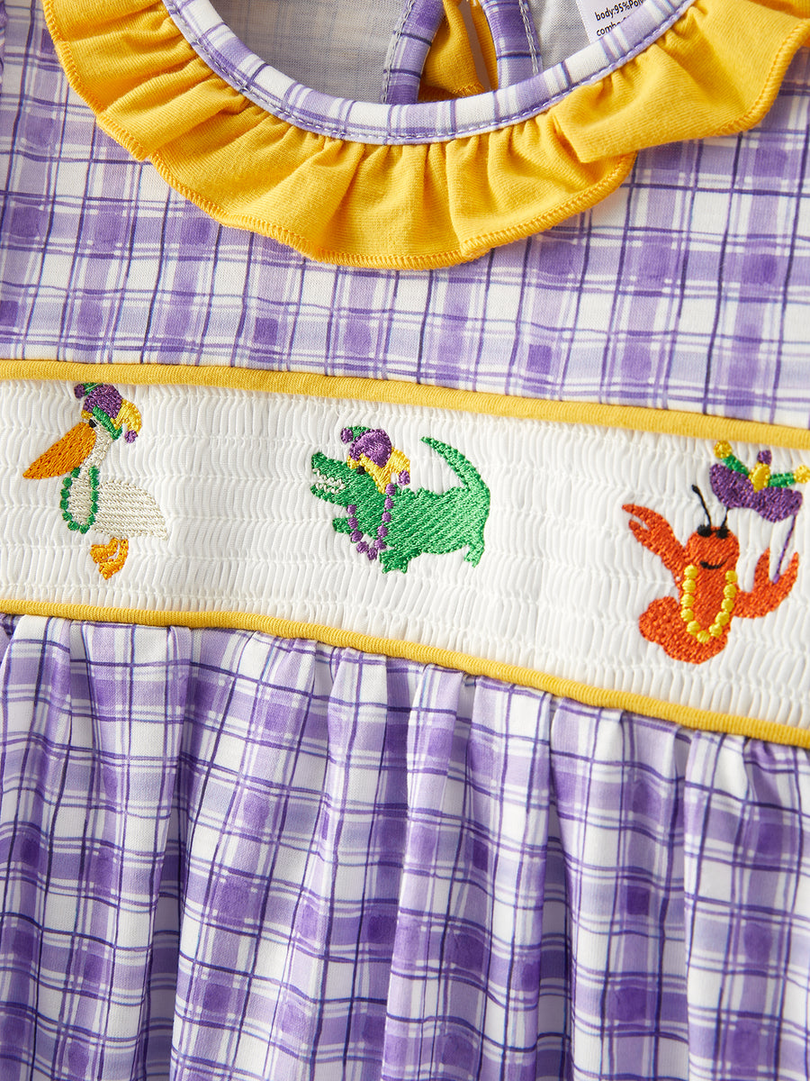 Purple Plaid Animal Smock Embroidery Girls Dress