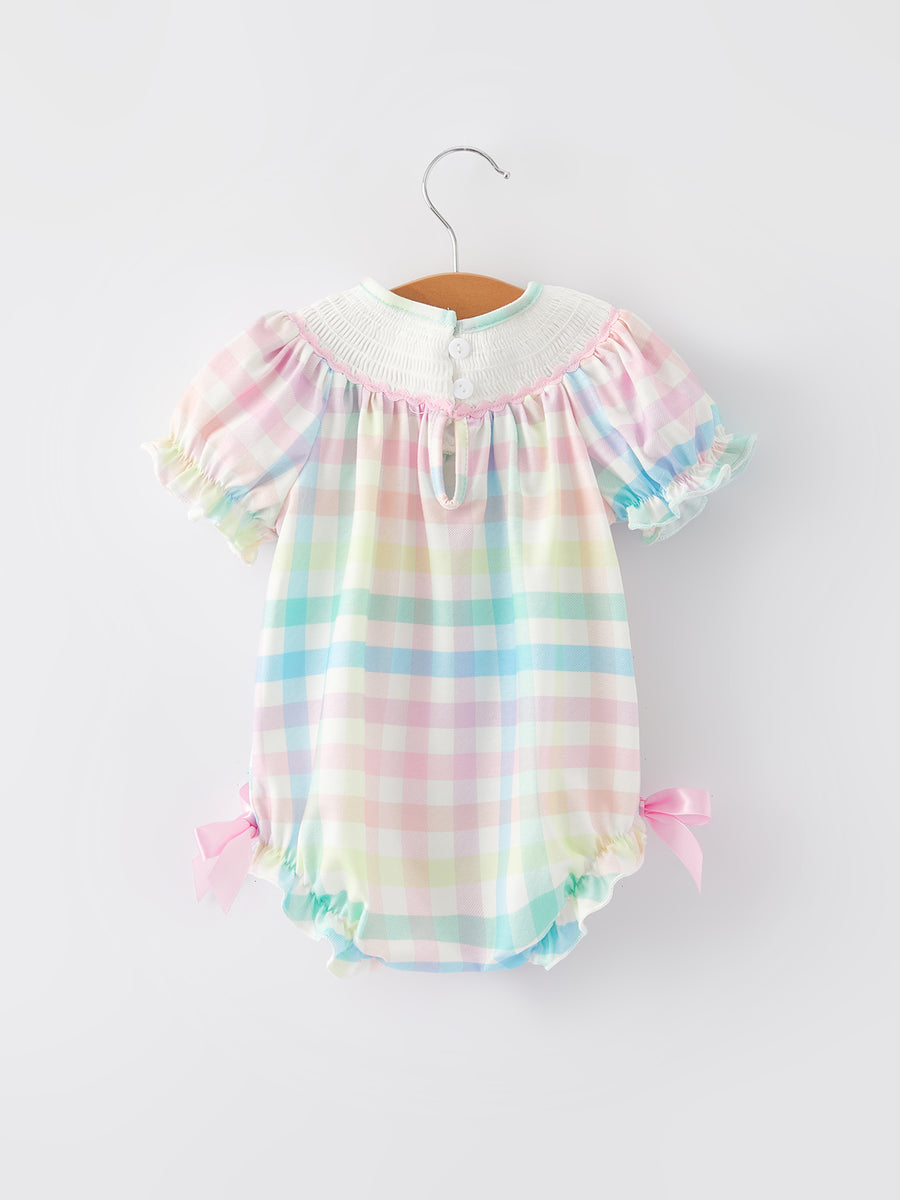 Easter Bunny Embroidery Girls Pink Plaid Bow Romper