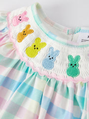 Easter Bunny Embroidery Girls Pink Plaid Bow Romper