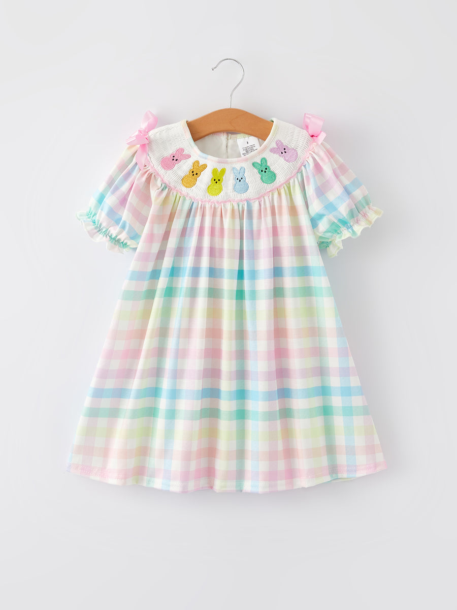 Easter Bunny Embroidery Girls Pink Plaid Bow Dress