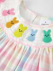 Easter Bunny Embroidery Girls Pink Plaid Bow Dress