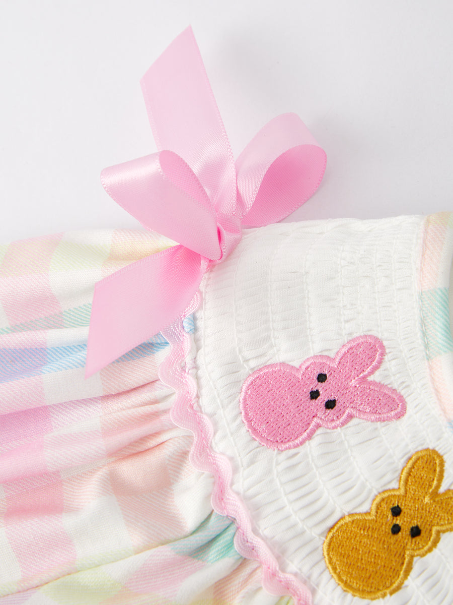 Easter Bunny Embroidery Girls Pink Plaid Bow Dress