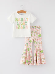 St. Patrick's Day Shamrock Print Milk Silk Top + Pants Girls Set