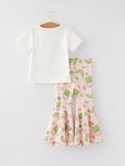 St. Patrick's Day Shamrock Print Milk Silk Top + Pants Girls Set