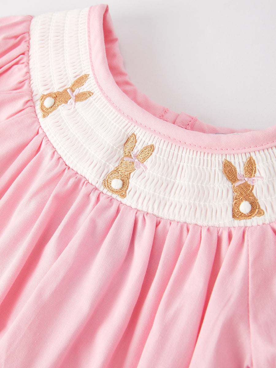 Girls Easter Bunny Smocking Embroidered Lace Cuff Pink Romper