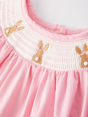 Girls Easter Bunny Smocking Embroidered Lace Cuff Pink Dress