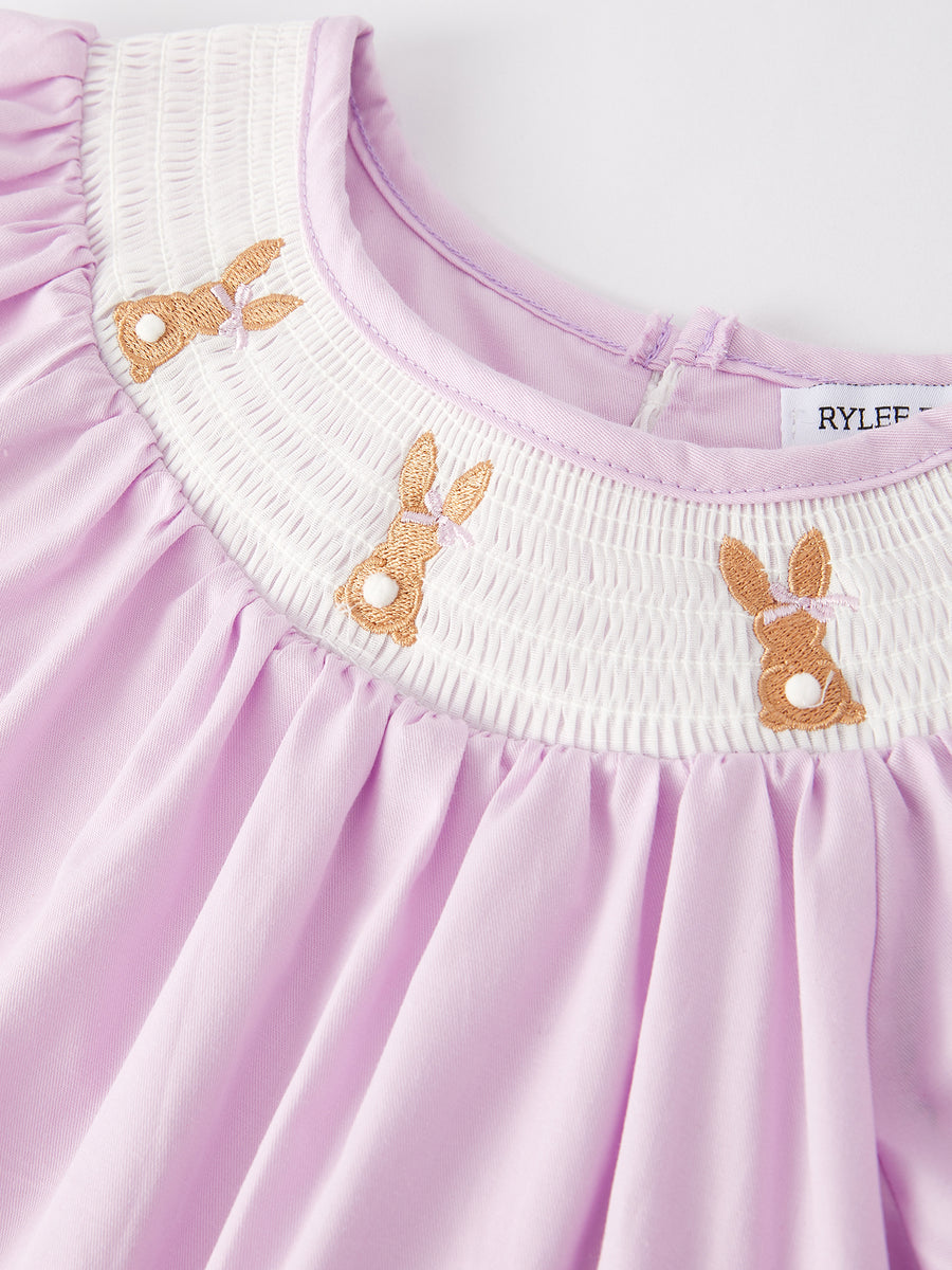 Girls Easter Bunny Smocking Embroidered Lace Cuff Purple Dress