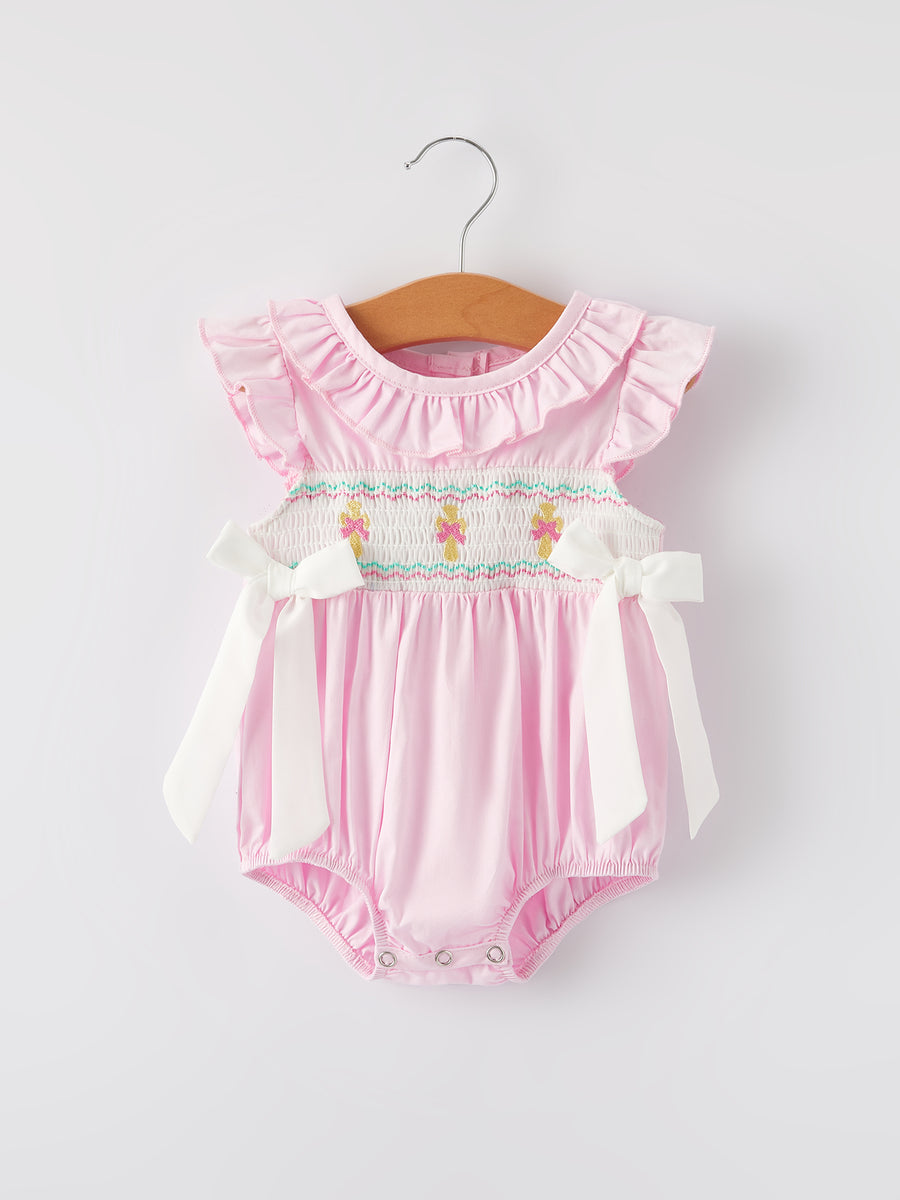 Smocking Easter Embroidered Ruffles Girls Pink Romper