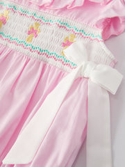 Smocking Easter Embroidered Ruffles Girls Pink Romper