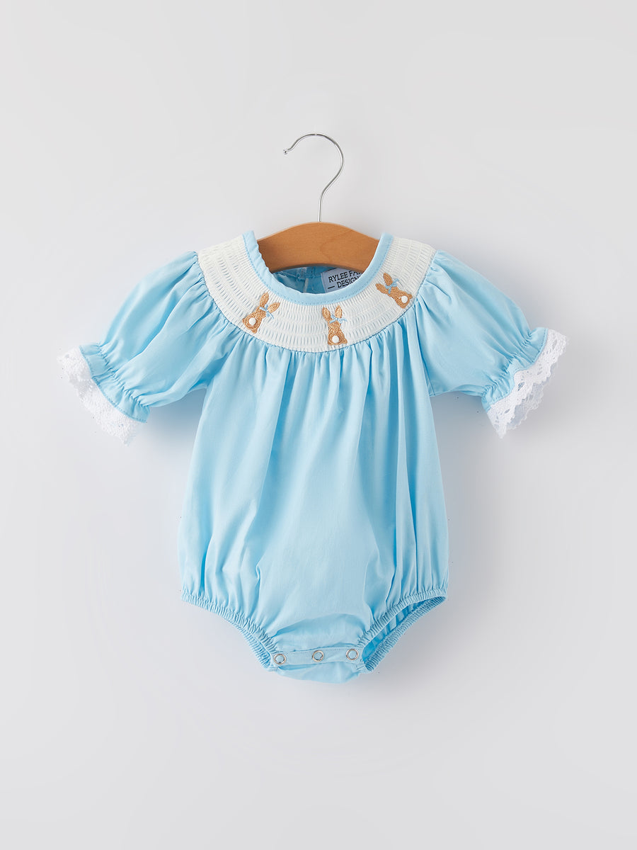 Girls Easter Bunny Smocking Embroidered Lace Cuff Blue Romper